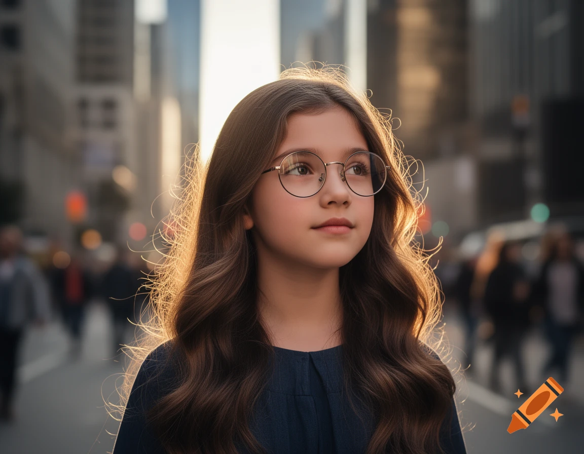A photorealistic portrait of a young girl with long wavy hair and round glasses, illuminated by golden light in a bustling city.