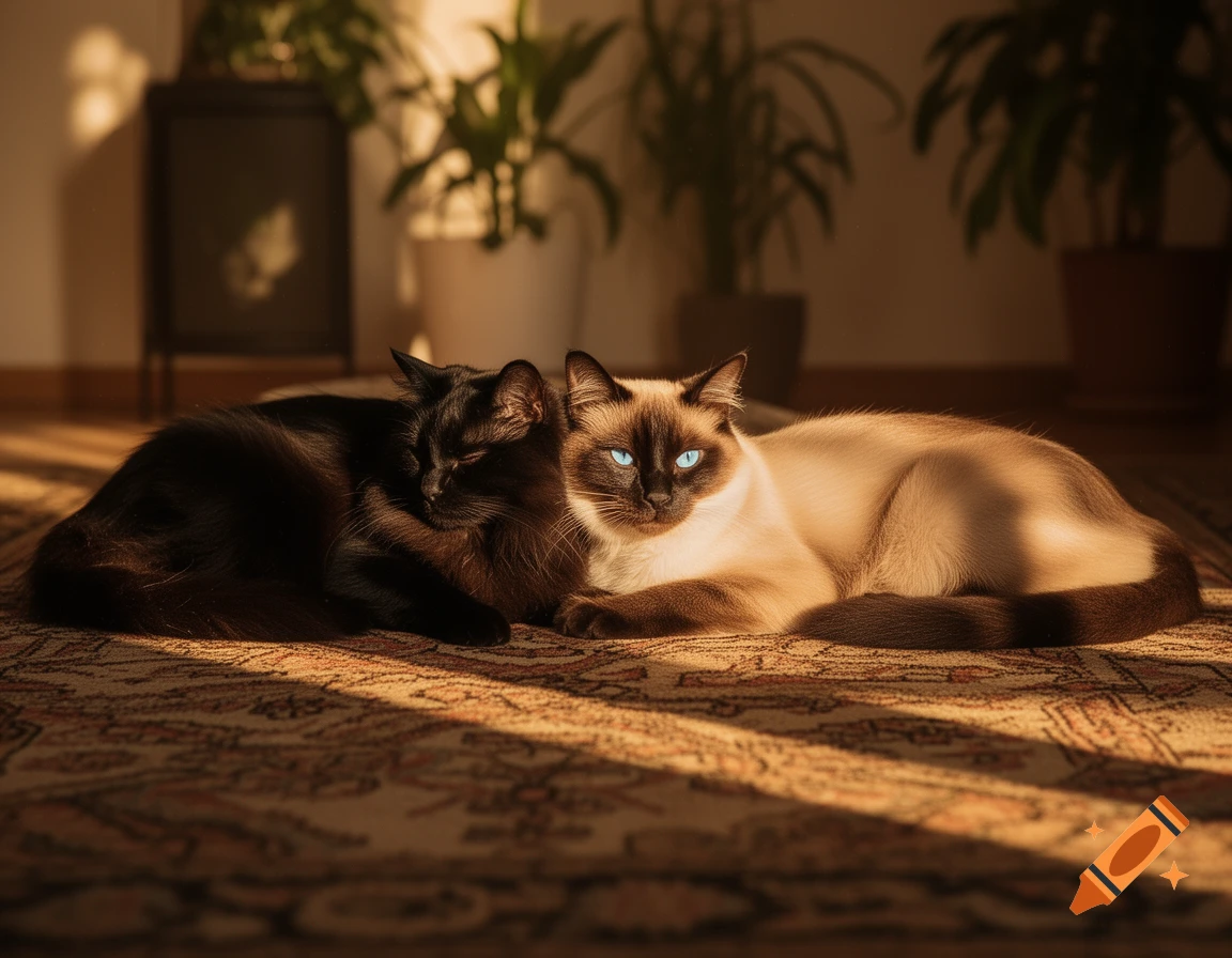 A longhaired black cat and a Siamese cat rest together on a patterned rug, bathed in late afternoon sunlight.