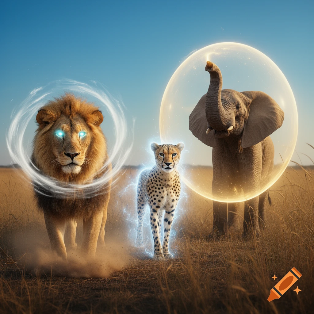 A lion with glowing eyes, a cheetah with blue lightning, and an elephant in a golden bubble in a savanna.