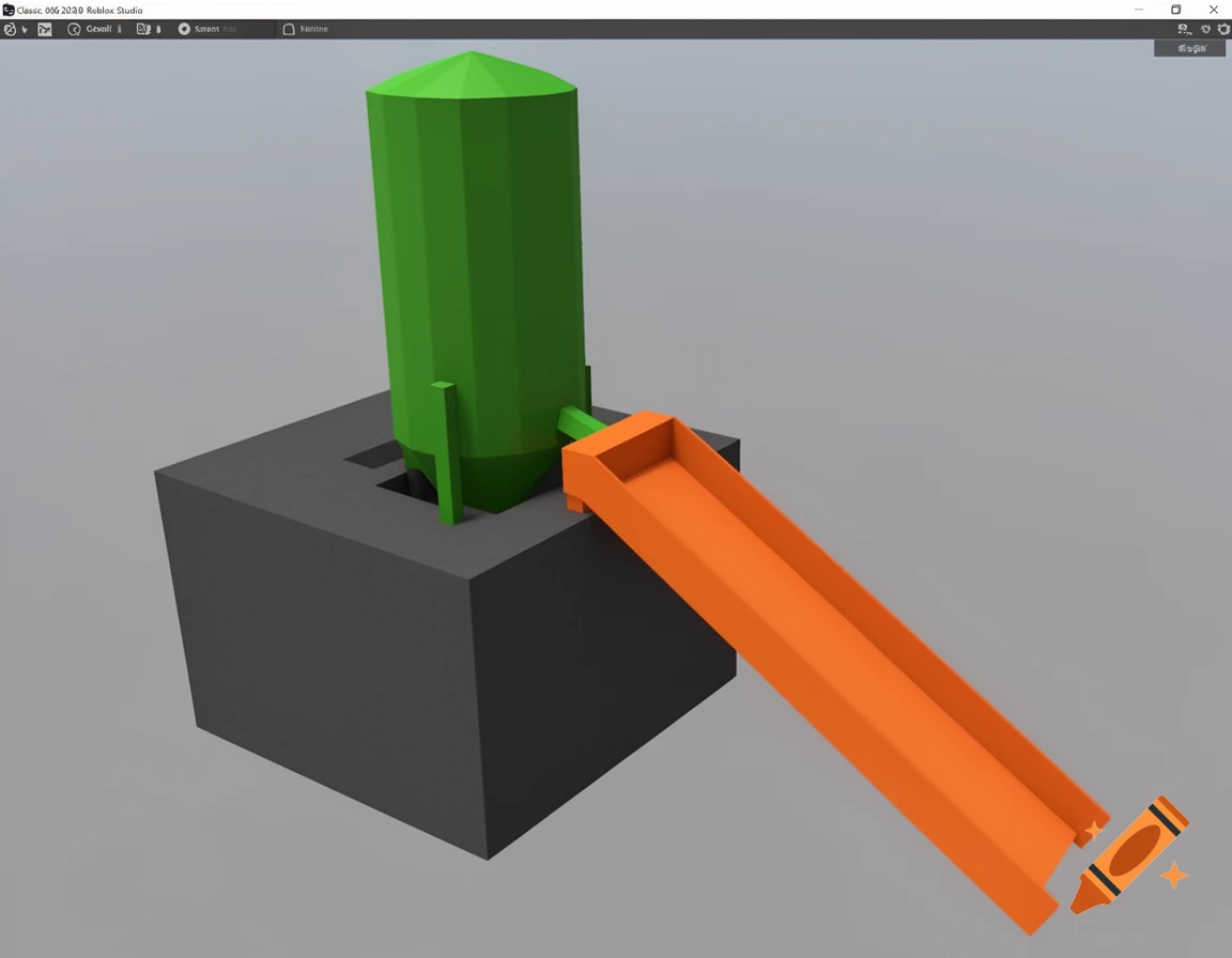 A low-poly 3D model of an industrial harvesting machine building with a dark gray cubic foundation, a green cylindrical silo, and an orange input ramp.