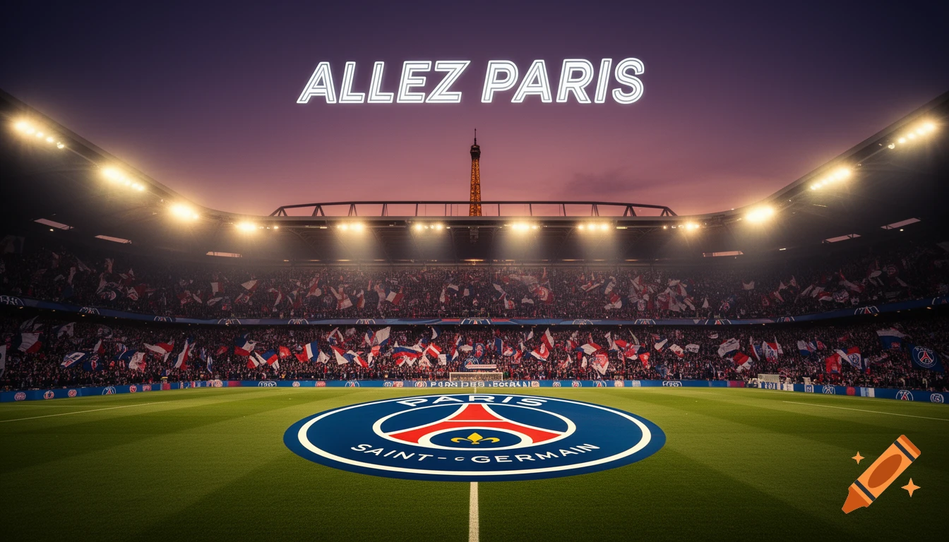 Photorealistic view of a football stadium with cheering fans and the PSG logo on the field, Eiffel Tower in background, 'ALLEZ PARIS' text above.