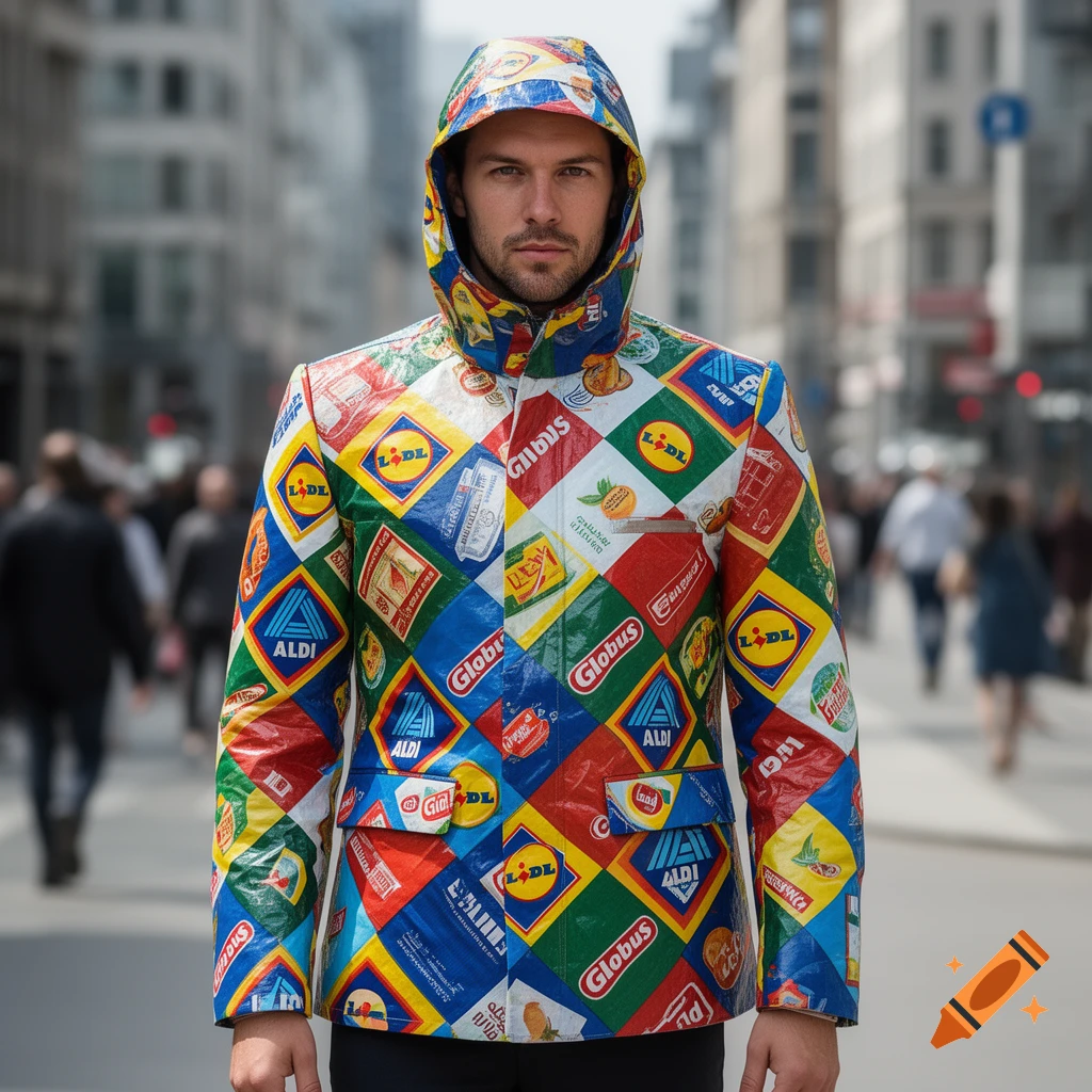 A man in a colorful hooded jacket made from grocery store logos like Lidl, Aldi, and Globus, standing on a city street.