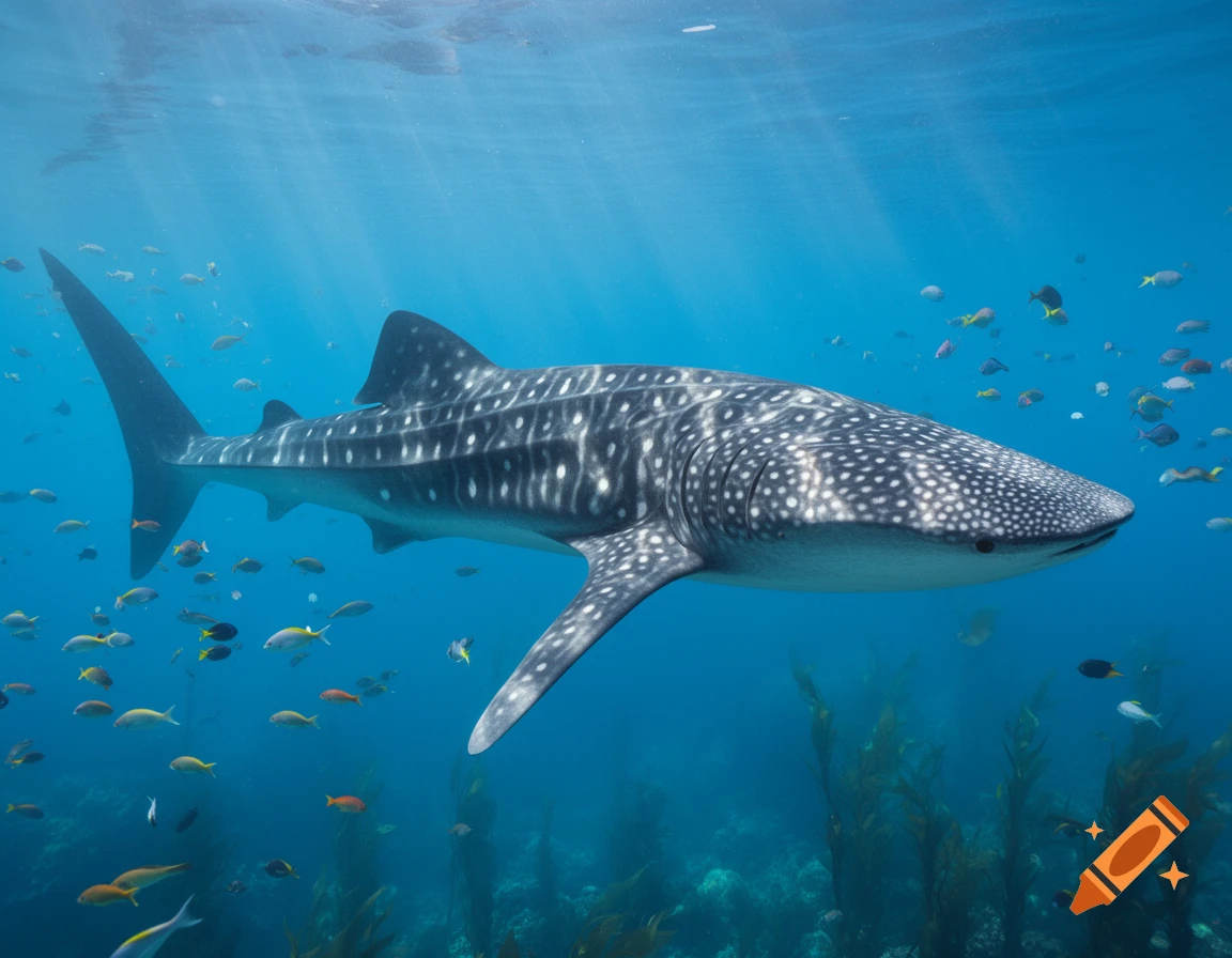 A large whale shark swims through clear blue ocean water, surrounded by schools of small fish and kelp.