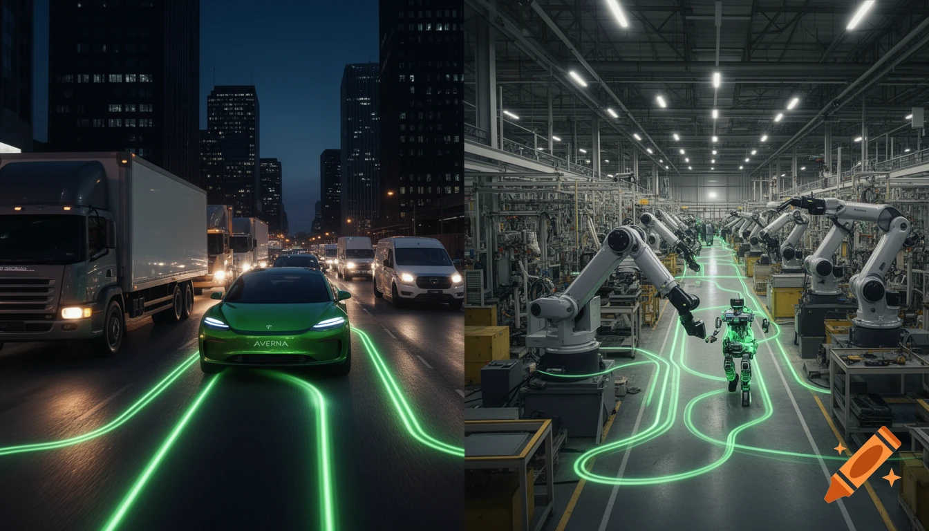 A split image shows a green EV car with glowing lines in city traffic at night and a glowing robot in a factory with robotic arms.