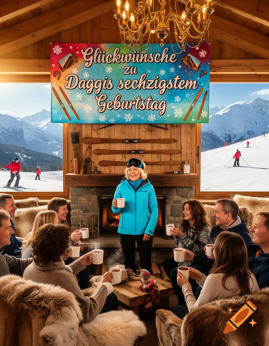 A group of people celebrating a birthday in a cozy ski lodge, holding mugs around a fireplace, with snowy mountains and skiers outside.