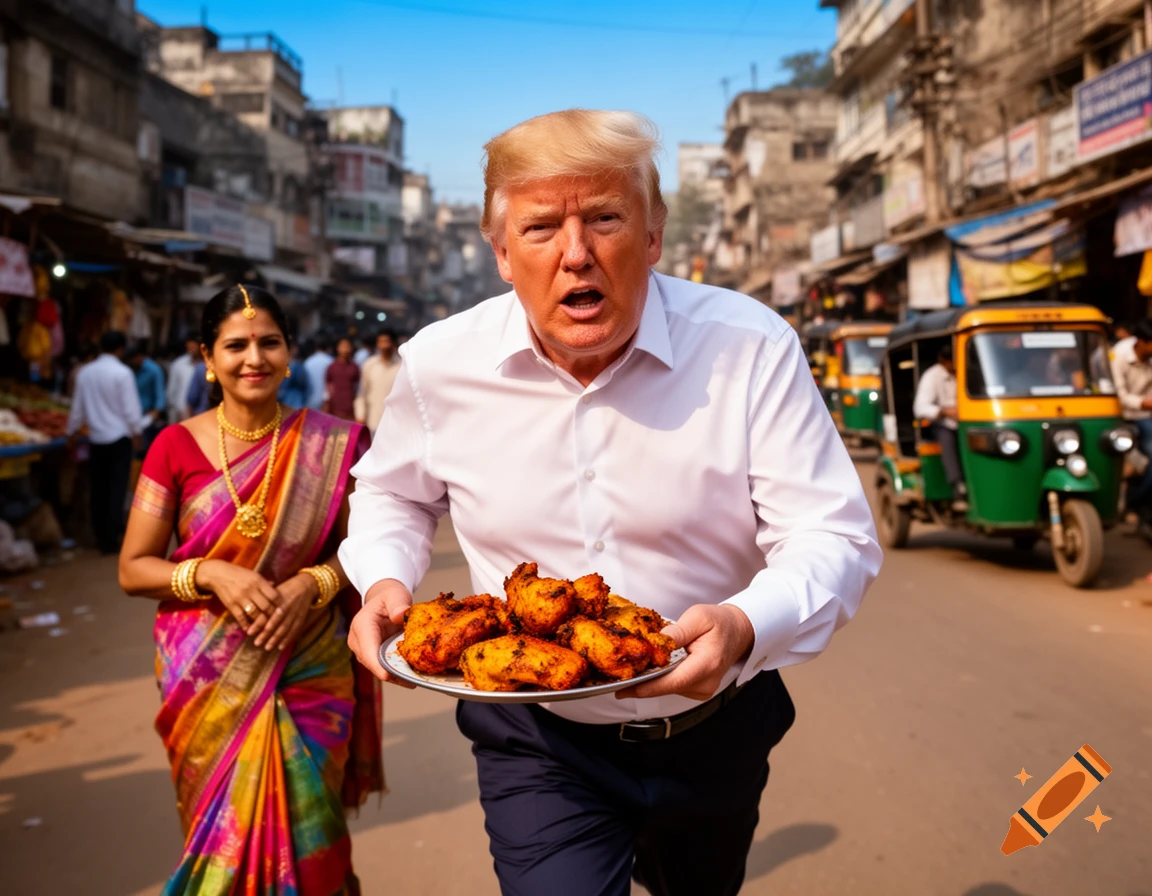 Donald Trump runs with a plate of chicken tikka past an Indian woman in a colorful sari on a busy street with auto-rickshaws.