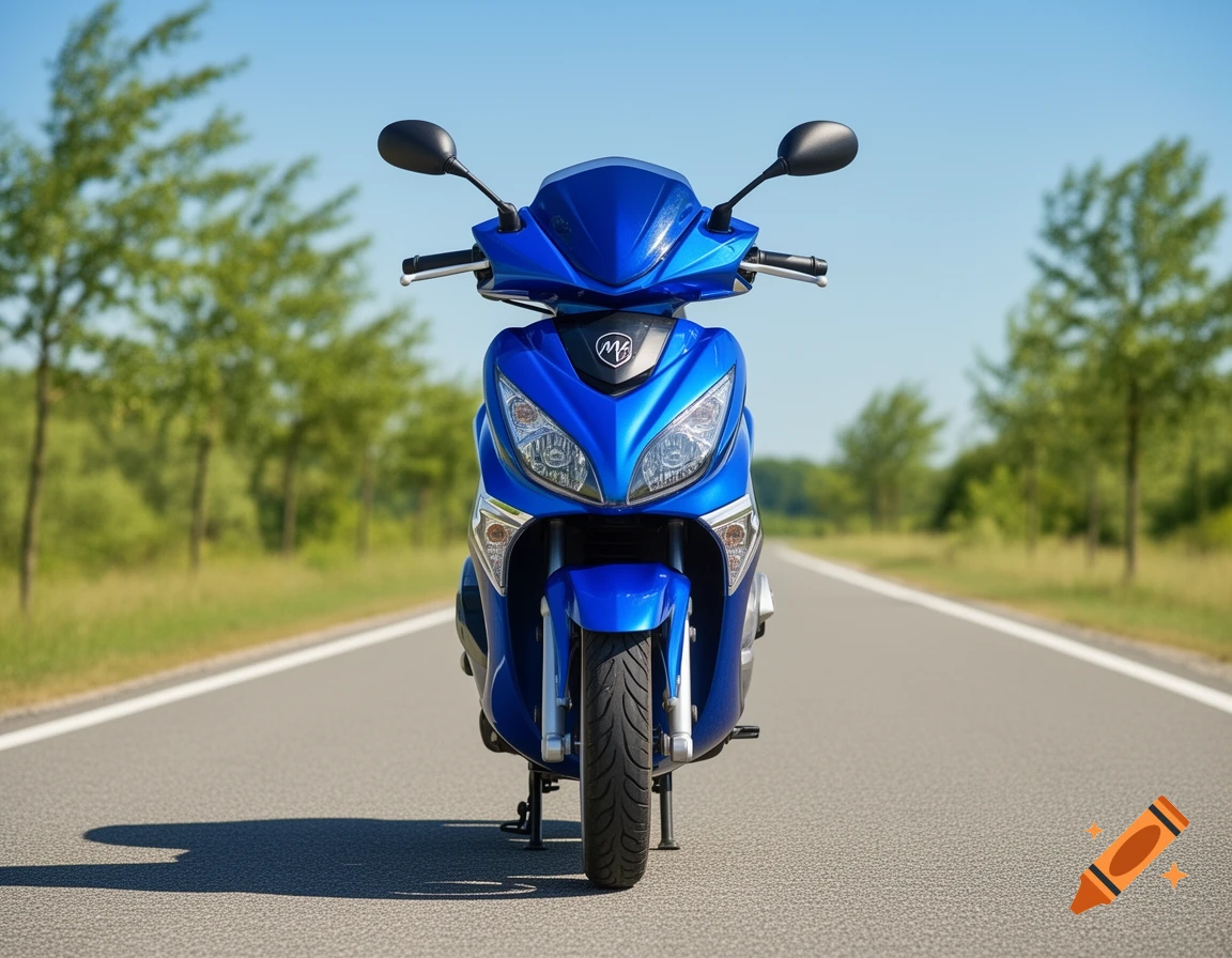A vibrant blue scooter is parked on an asphalt road, facing forward with a backdrop of green trees and a clear blue sky, in a photorealistic style.