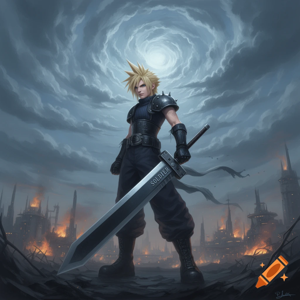 Cloud Strife stands heroically in a ruined, burning city under a dramatic swirling sky, holding his massive Buster Sword.