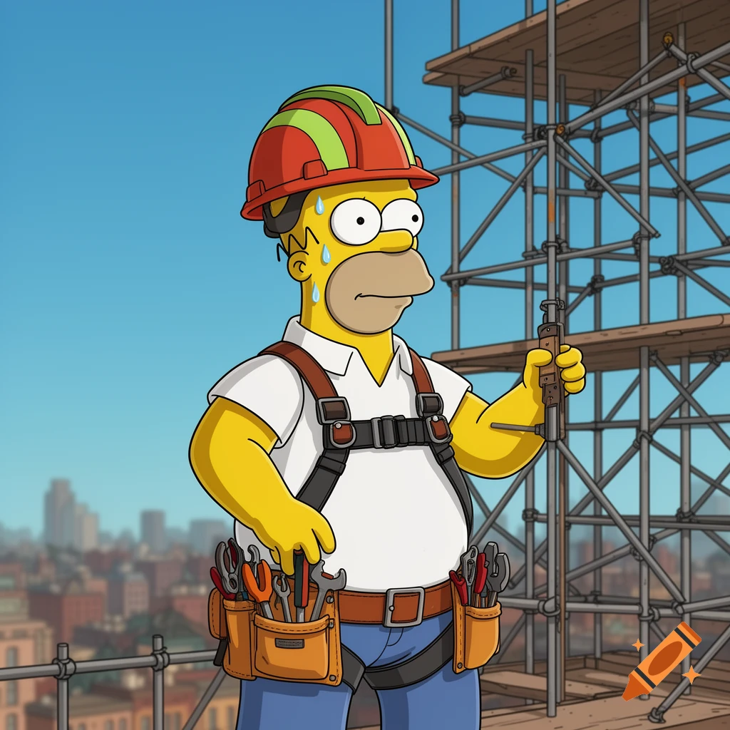 Cartoon Homer Simpson as a sweaty construction worker in a hard hat and safety harness, holding a metal bar on scaffolding with a city background.