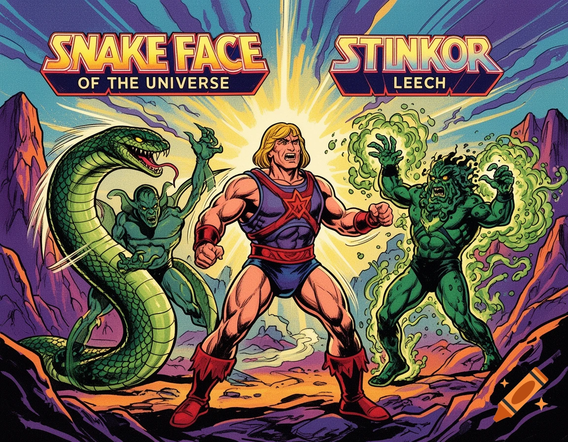He-Man battles Snake Face and Stinkor in a vibrant 80s retro cartoon style, against a purple and orange landscape.