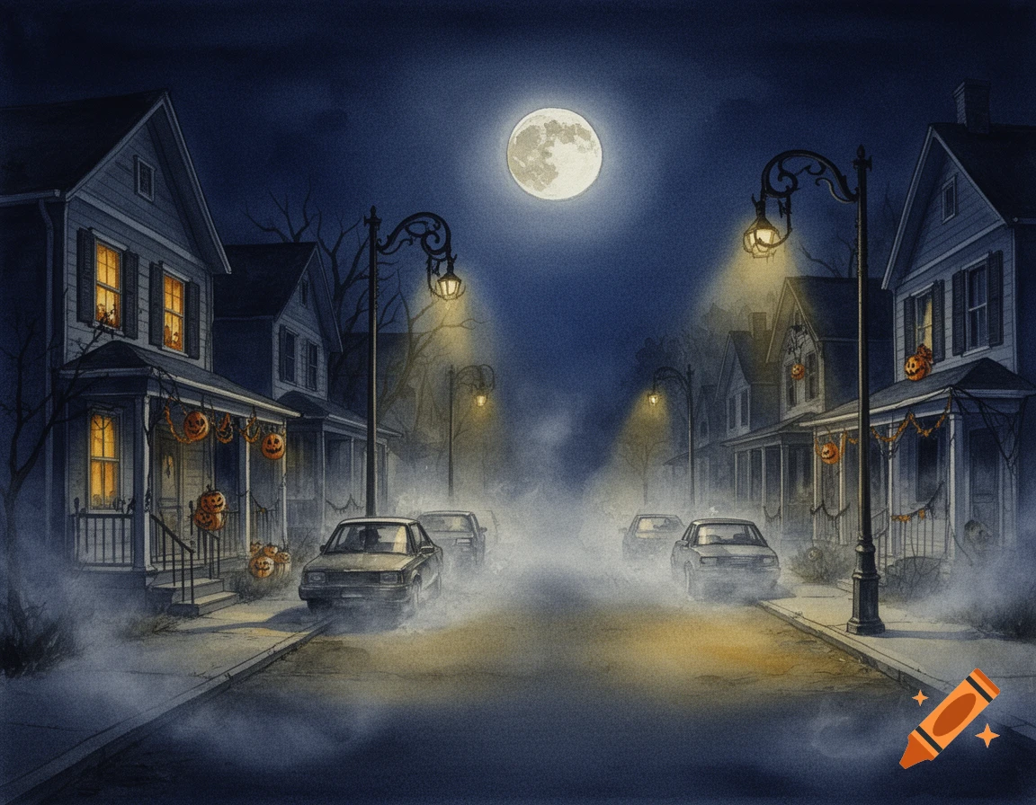 Watercolor painting of a spooky Halloween night scene on a residential street with fog, a full moon, decorated houses, streetlights, and parked cars.