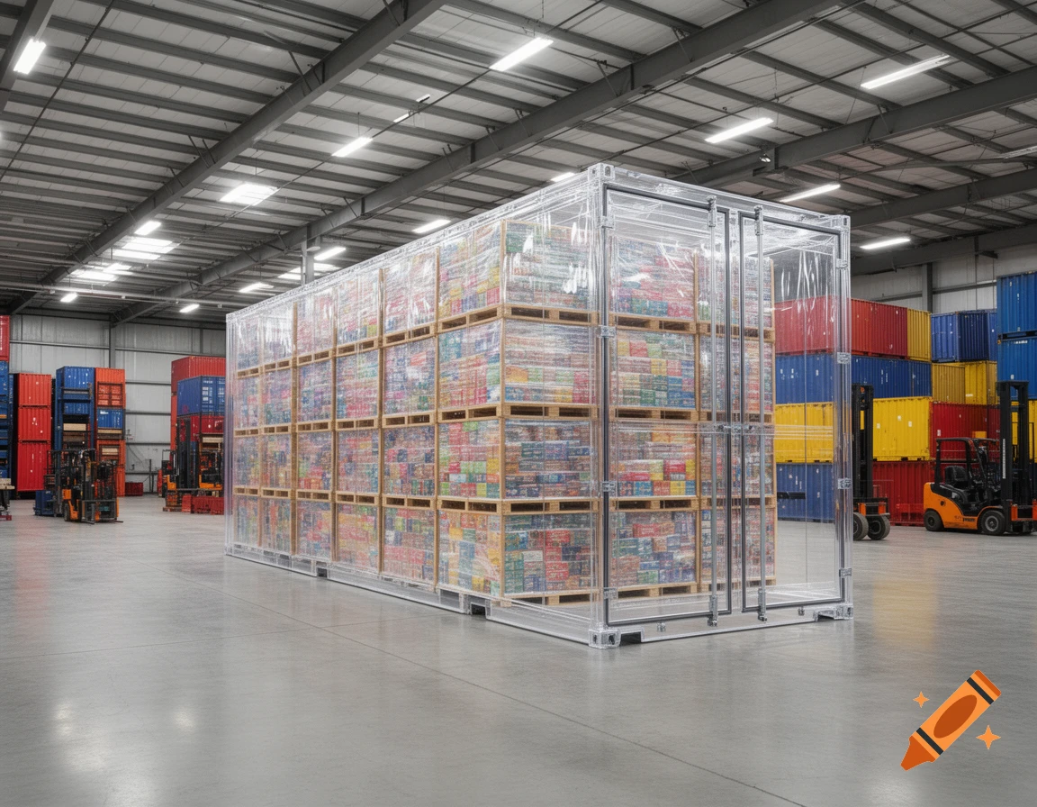 A transparent shipping container filled with colorful pallets stands in a large warehouse with forklifts and storage containers. Photorealistic.