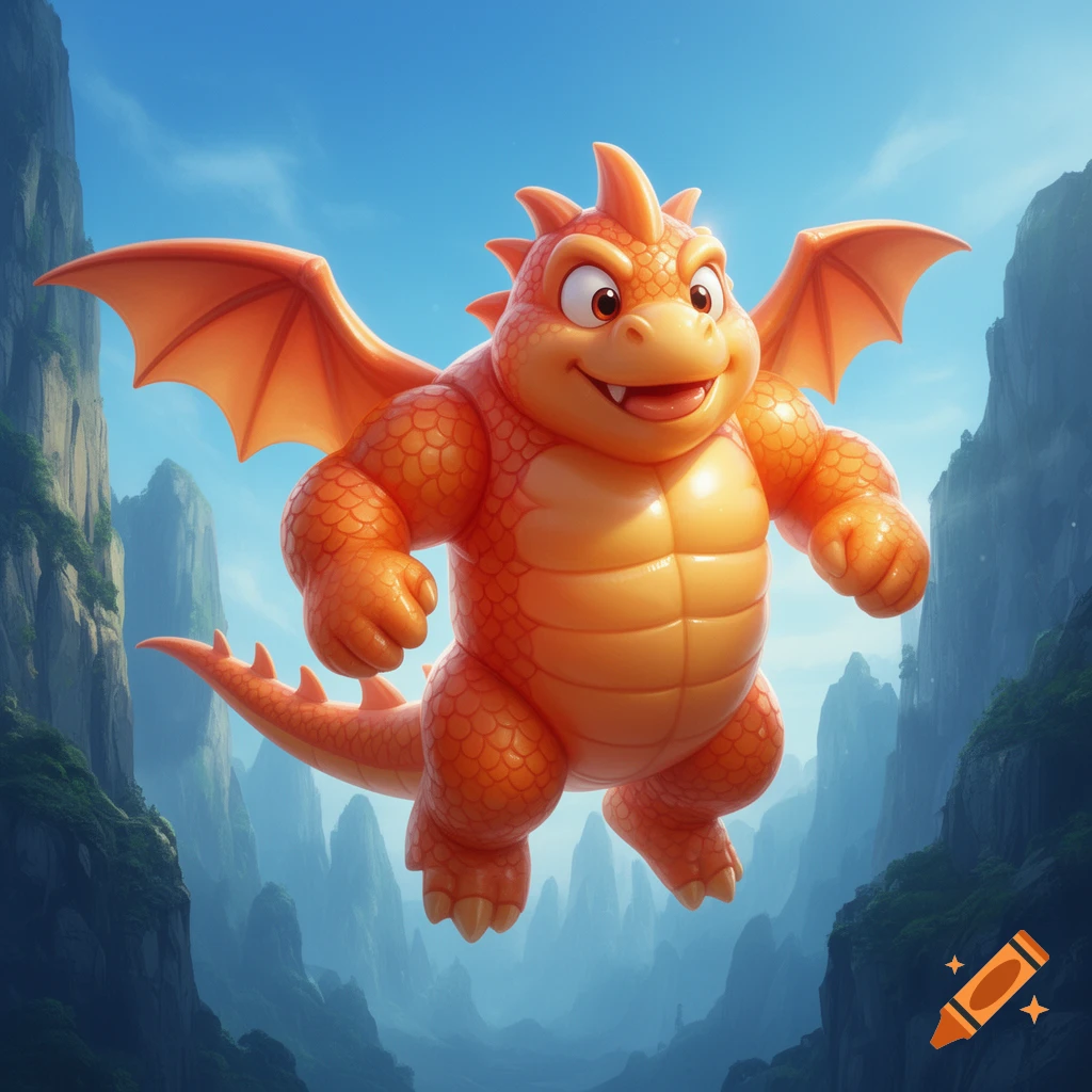 A smiling orange cartoon dragon with wings, resembling an inflatable toy, flies in a mountainous landscape.