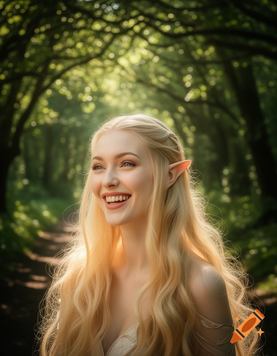 A smiling blonde elf with pointed ears and long hair looks joyfully up in a sun-dappled forest.