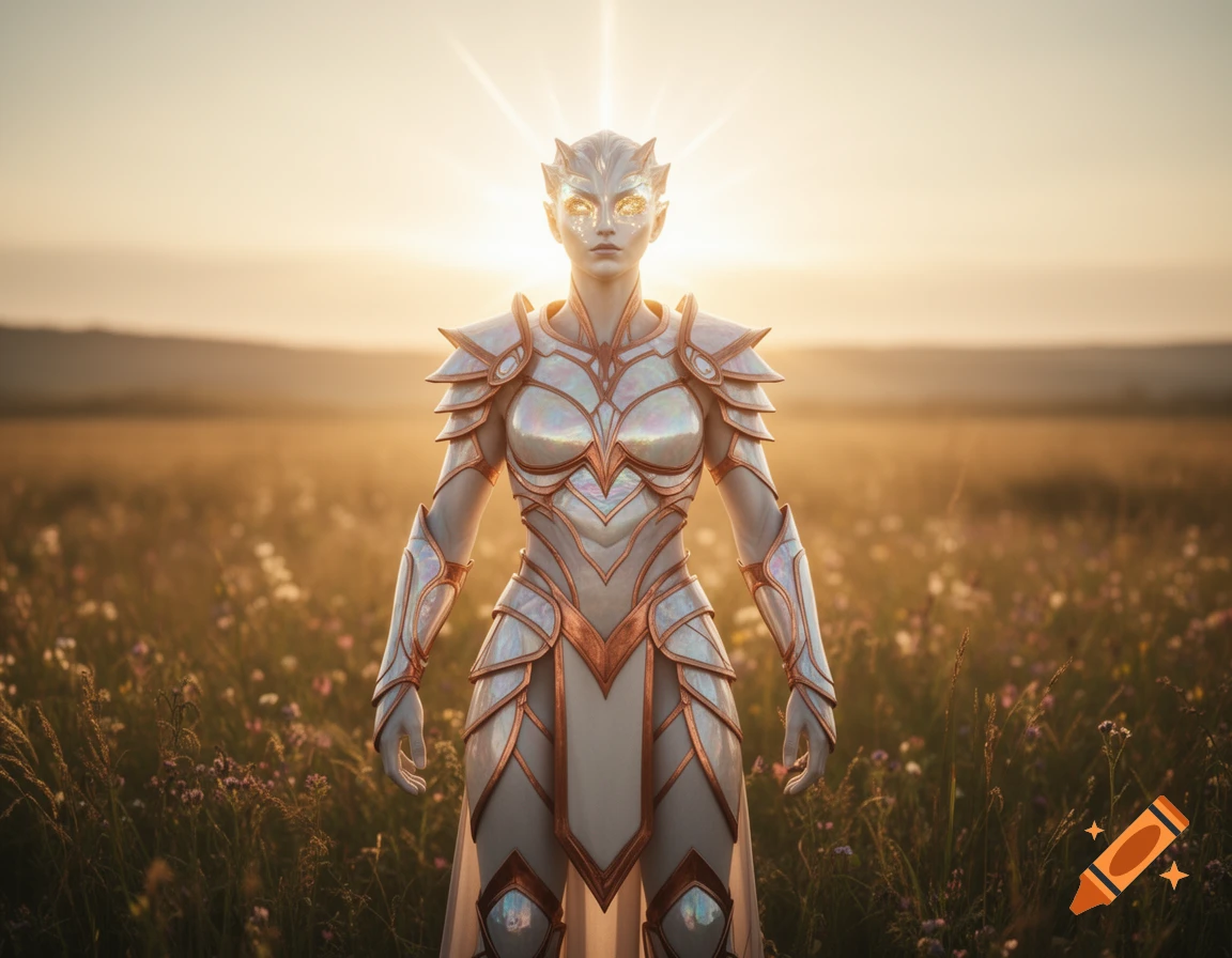 A female fantasy warrior in iridescent white and copper armor with glowing eyes stands in a sunlit field.