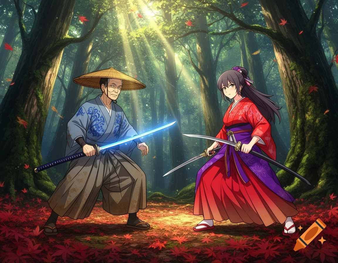 An anime older man with a glowing blue katana and a young woman with two katanas face off in a forest with red leaves.
