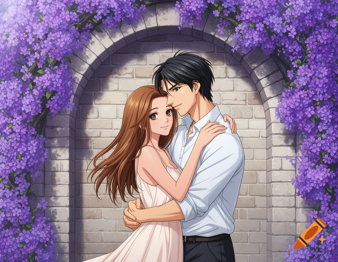 Anime couple embracing under a purple wisteria arch against a brick wall.