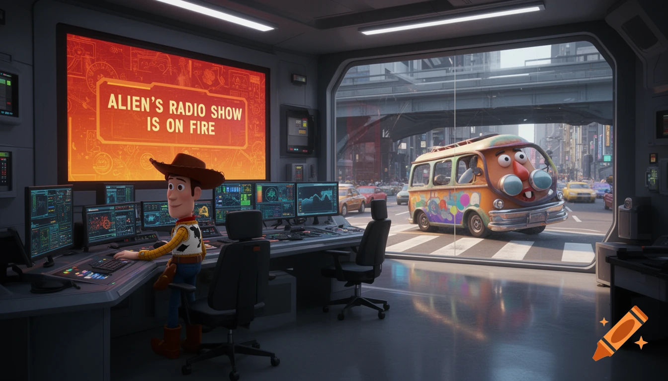 Woody sits at a control panel in a sci-fi room with a screen displaying "Alien's Radio Show is on Fire," while Mr. Potato Head's van is outside on a city street.