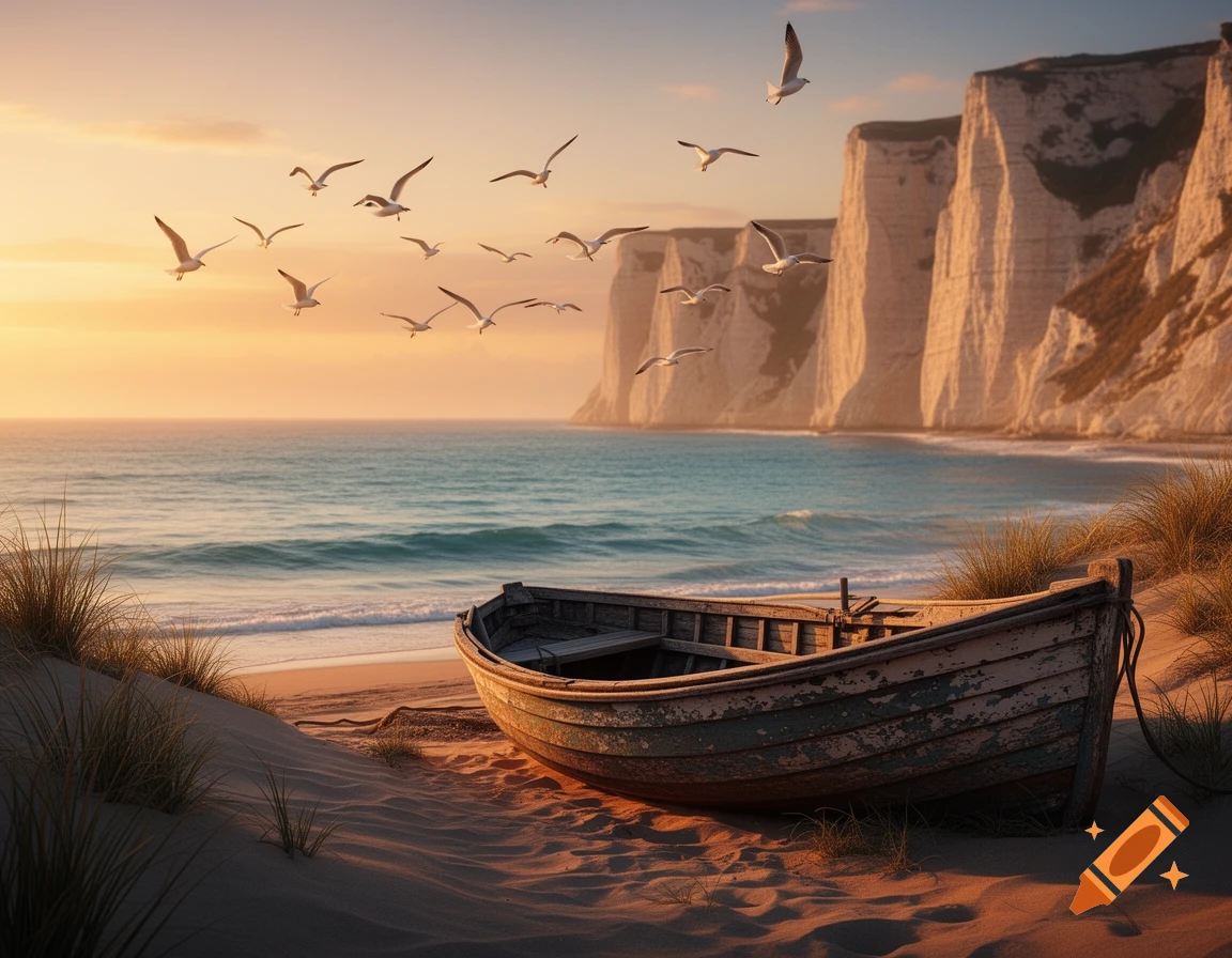An old wooden boat rests on a sandy beach at sunset, with seagulls flying above calm ocean waves and towering white cliffs in the background.