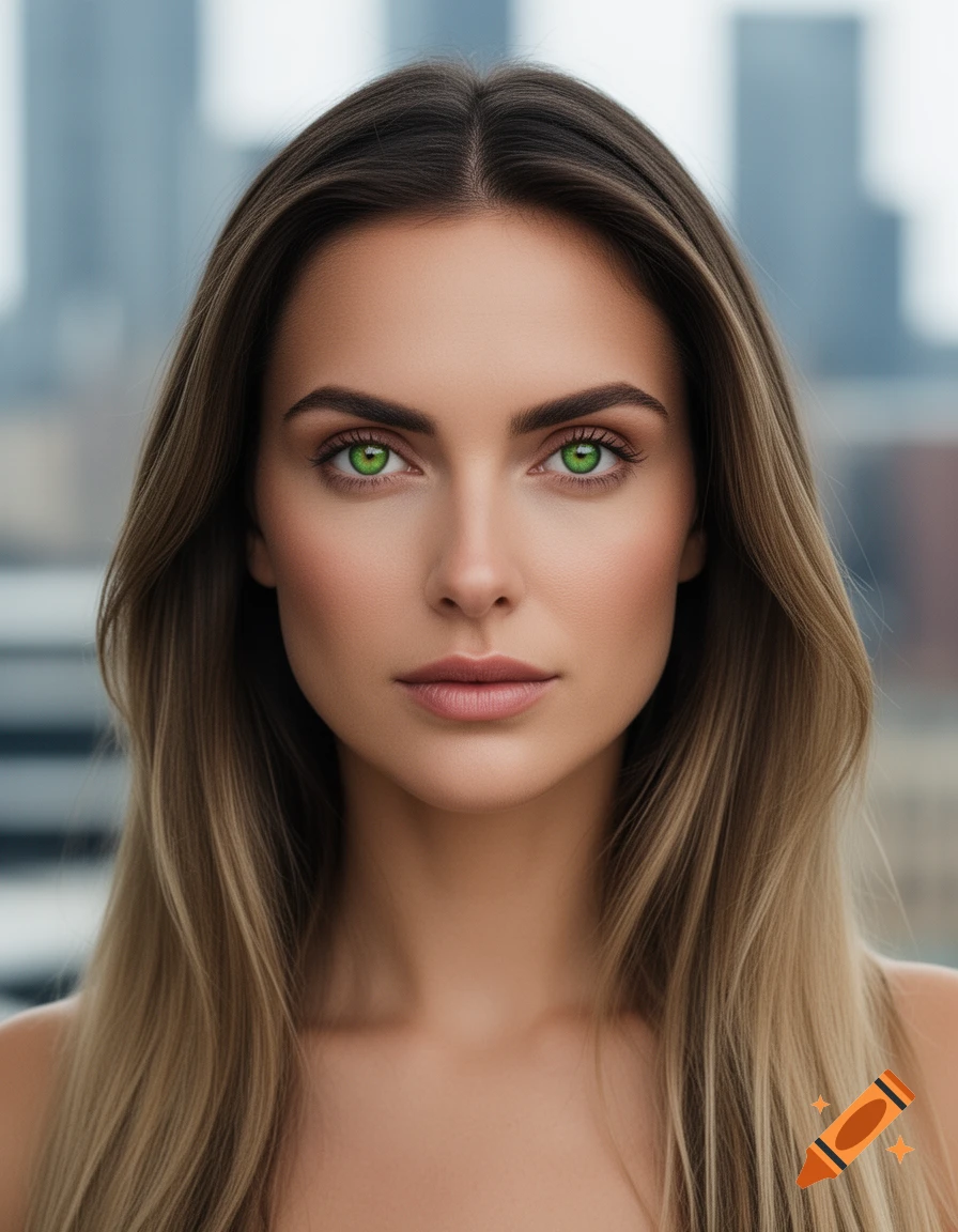 Close-up photorealistic portrait of a woman with long dark blonde hair and striking green eyes, against a blurred city background.