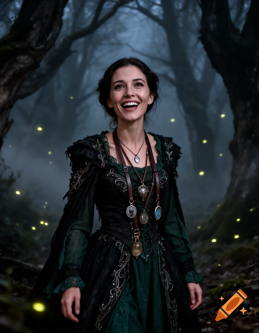 Photorealistic portrait of a smiling woman in an elaborate dark green and black dress, looking up in a misty, firefly-lit forest.