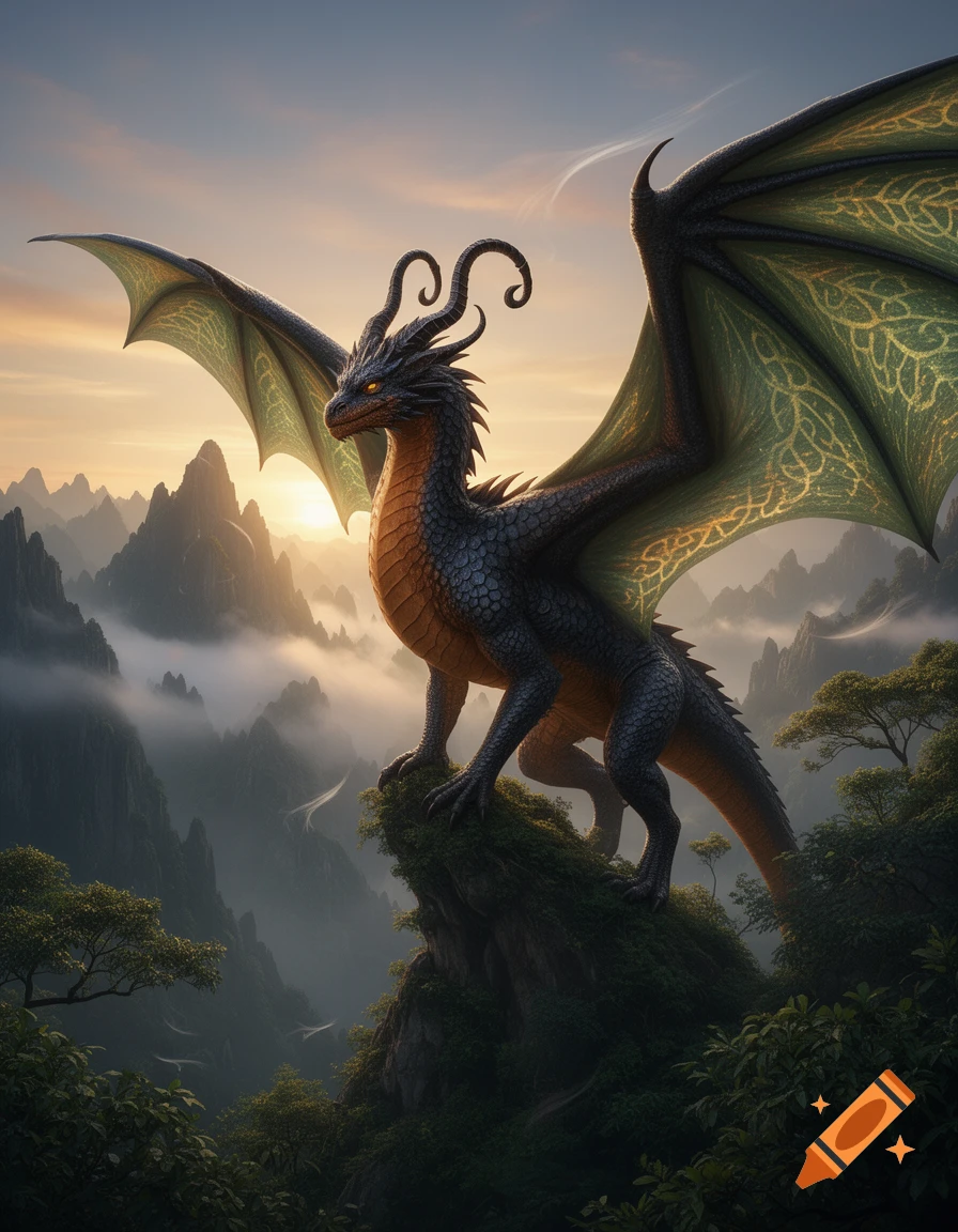 A majestic black and orange dragon with green wings stands on a misty mountain peak at sunrise, overlooking a vast landscape.