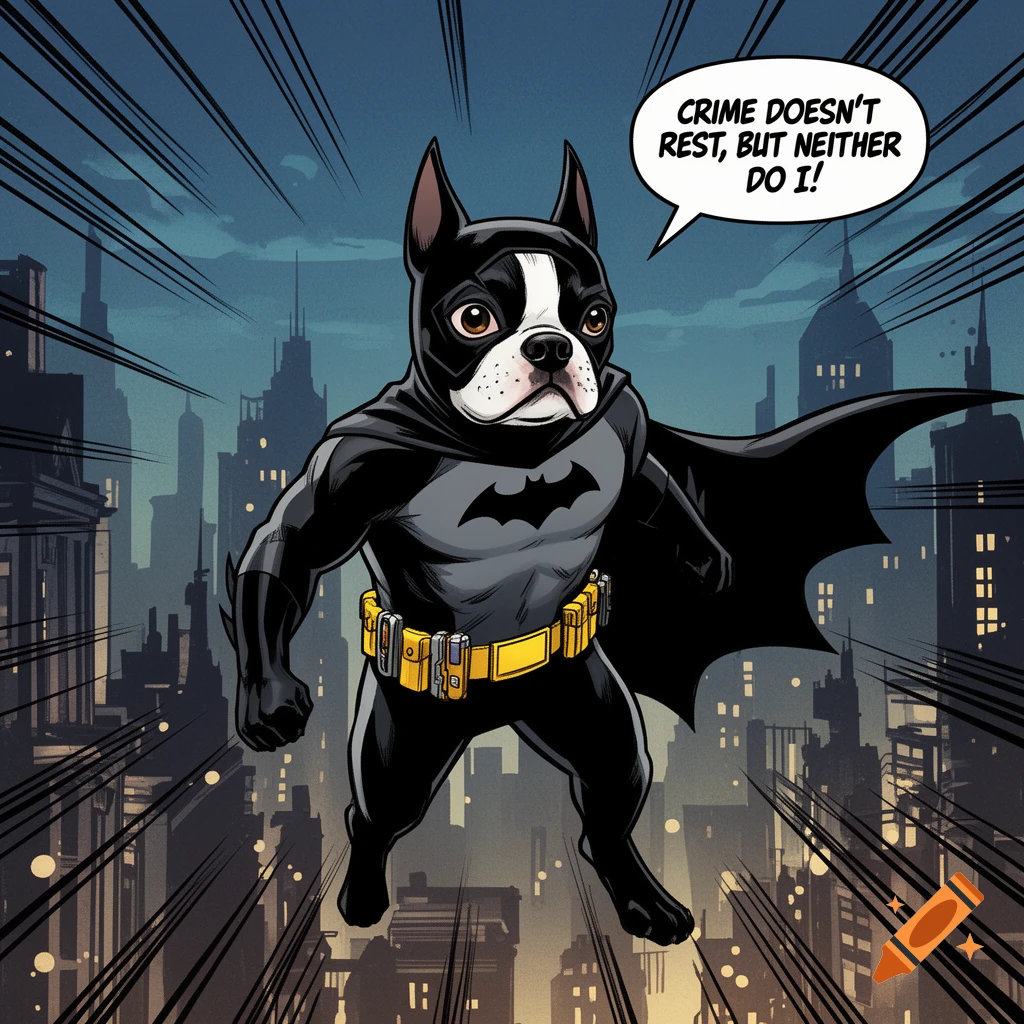 A Boston Terrier dressed as Batman with a cape and utility belt stands in a comic book style city, a speech bubble reads "CRIME DOESN'T REST, BUT NEITHER DO I!"