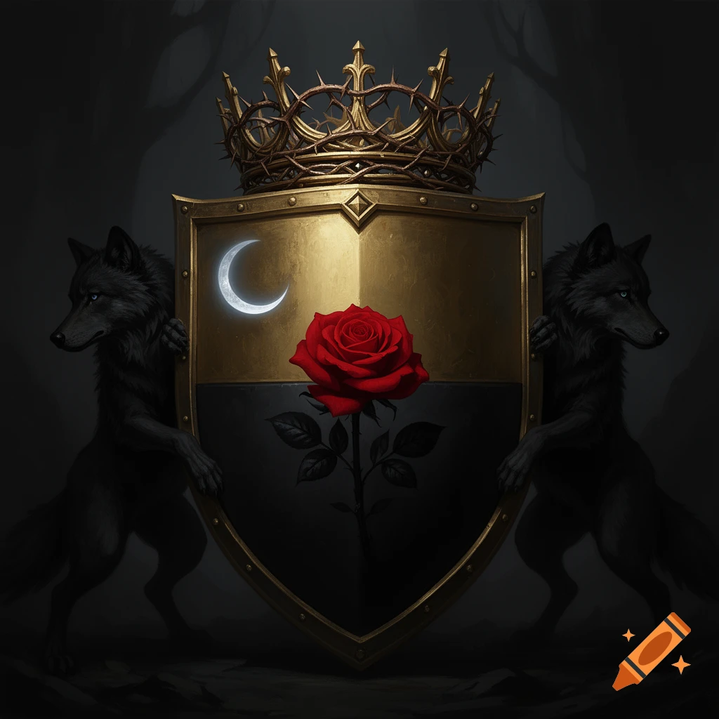 A gothic heraldic crest with a golden shield, red rose, crescent moon, crown of thorns, and two black wolves.