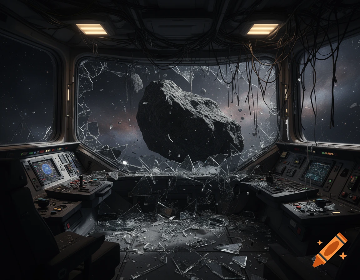 Interior of a spaceship bridge severely damaged, with a large asteroid visible through a shattered front window, debris scattered on the floor.