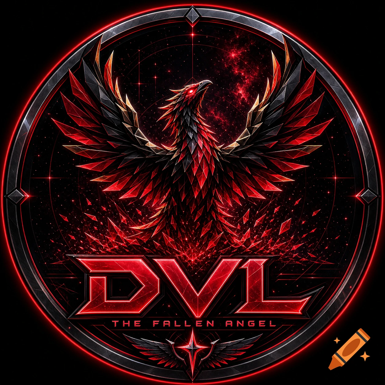A circular logo featuring a geometric red and black phoenix with glowing eyes, over a cosmic background, with "DVL THE FALLEN ANGEL" text below.