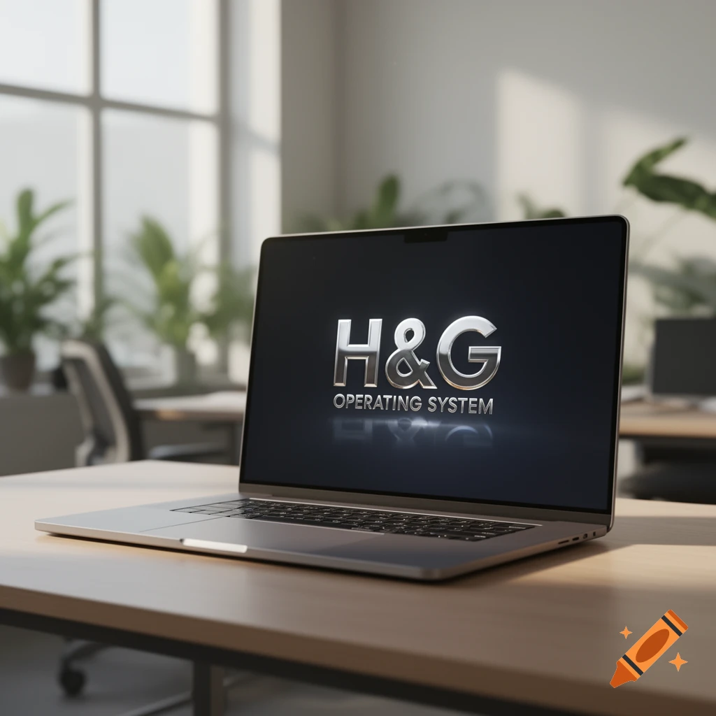 Photorealistic image of a laptop displaying 'H&G OPERATING SYSTEM' on a wooden desk in a bright office.