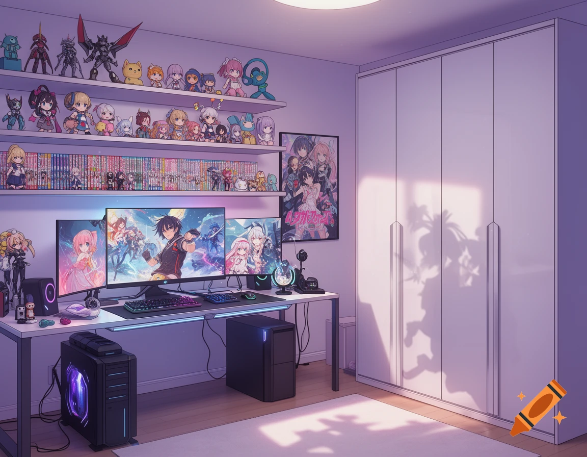 Anime-style room with a gaming setup, triple monitors, shelves filled with anime figures and manga, and a white wardrobe.