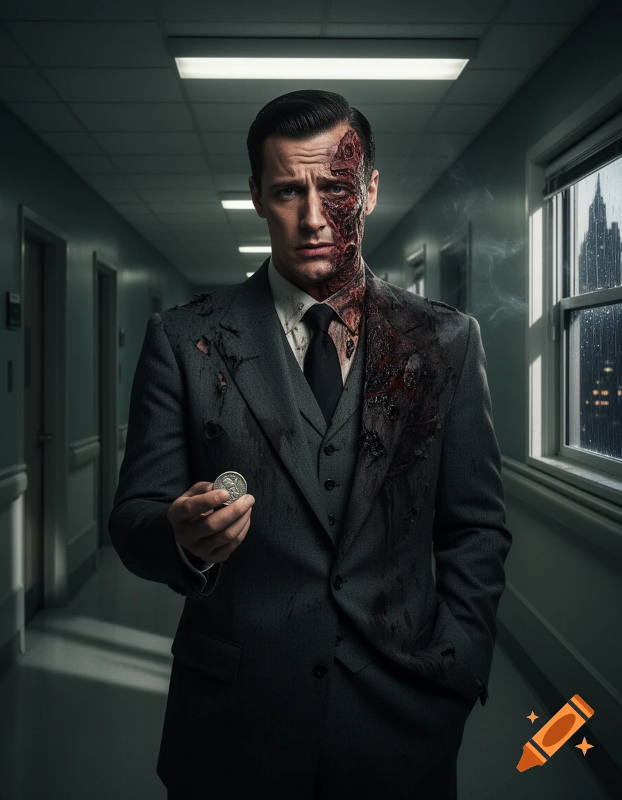 Photorealistic portrait of Harvey Dent as Two-Face in a hospital corridor, one side of his face and suit burned, holding a coin.