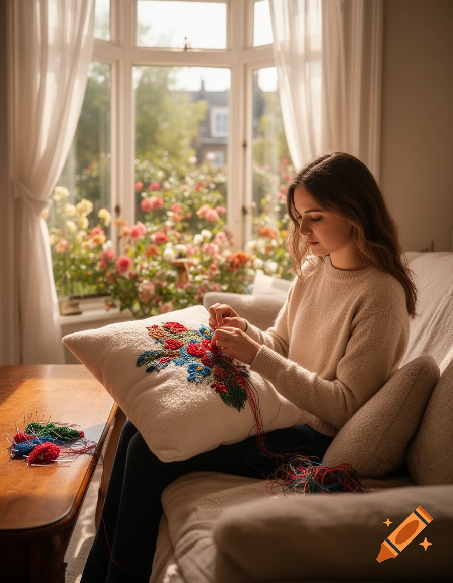 A woman embroiders a colorful floral pattern on a white pillow, sitting on a sofa by a sunny window with a garden view.