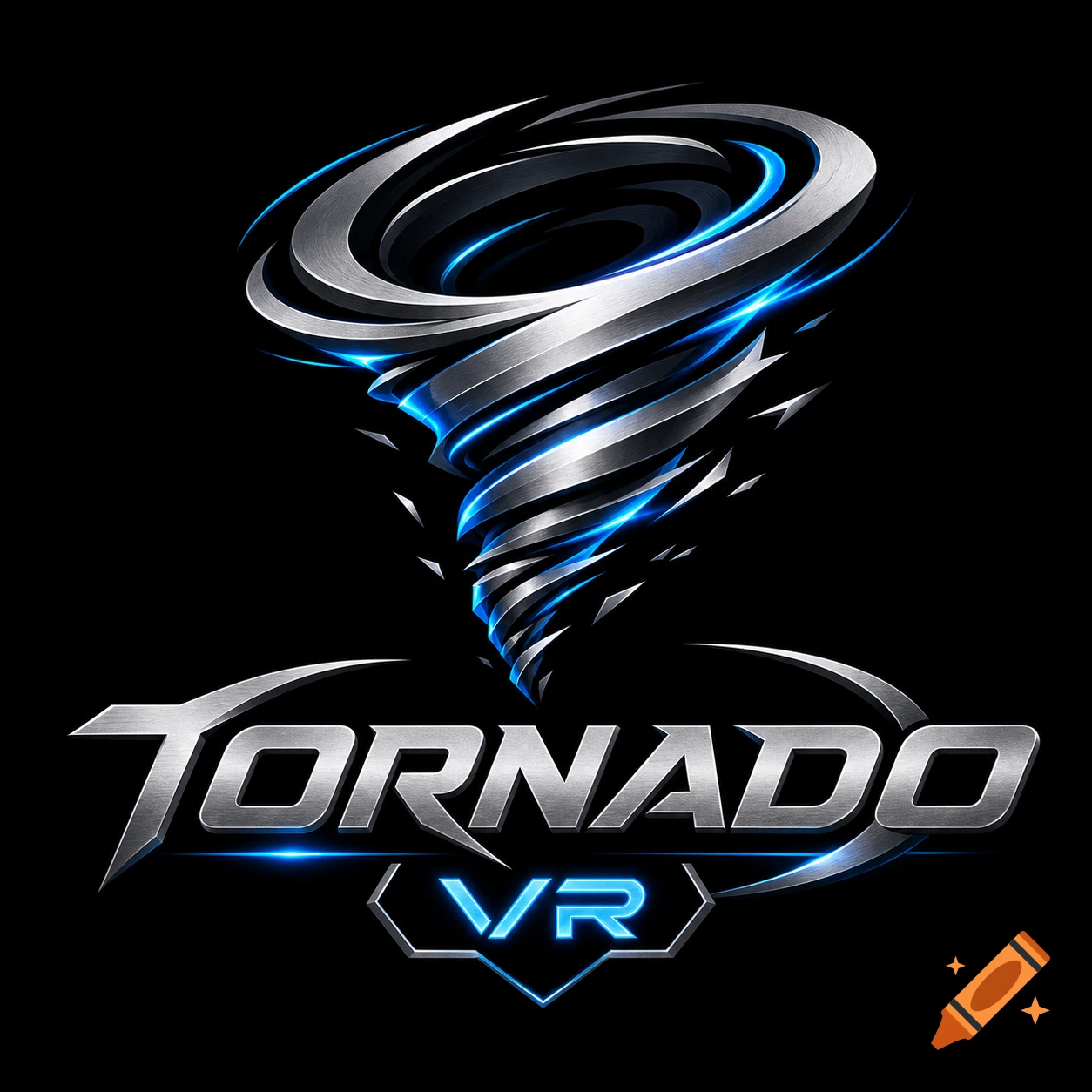 A metallic, stylized tornado logo with blue glowing accents, and text 'TORNADO VR' on a black background.