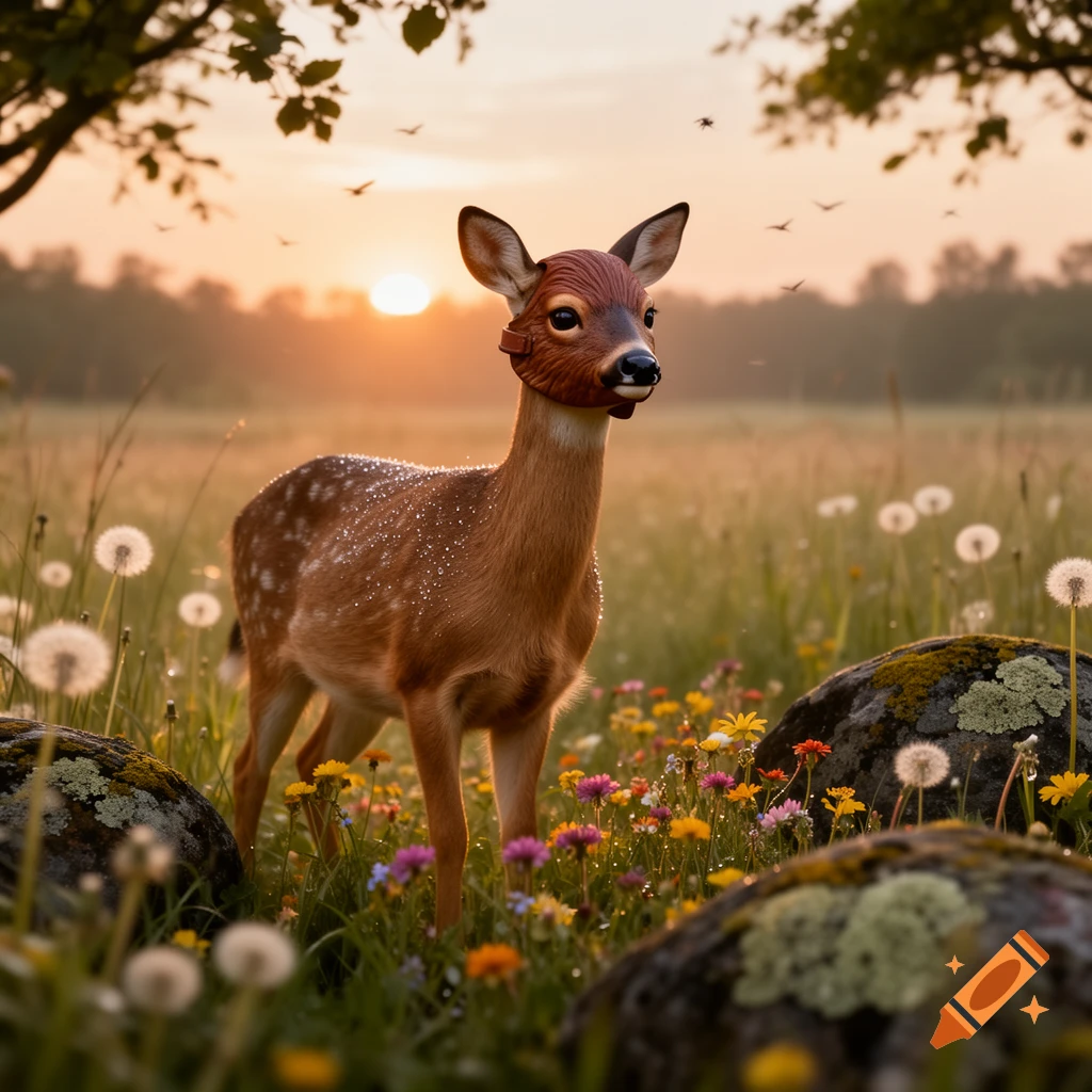 A photorealistic deer wearing a brown animal mask stands in a sunlit meadow among dandelions and wildflowers.