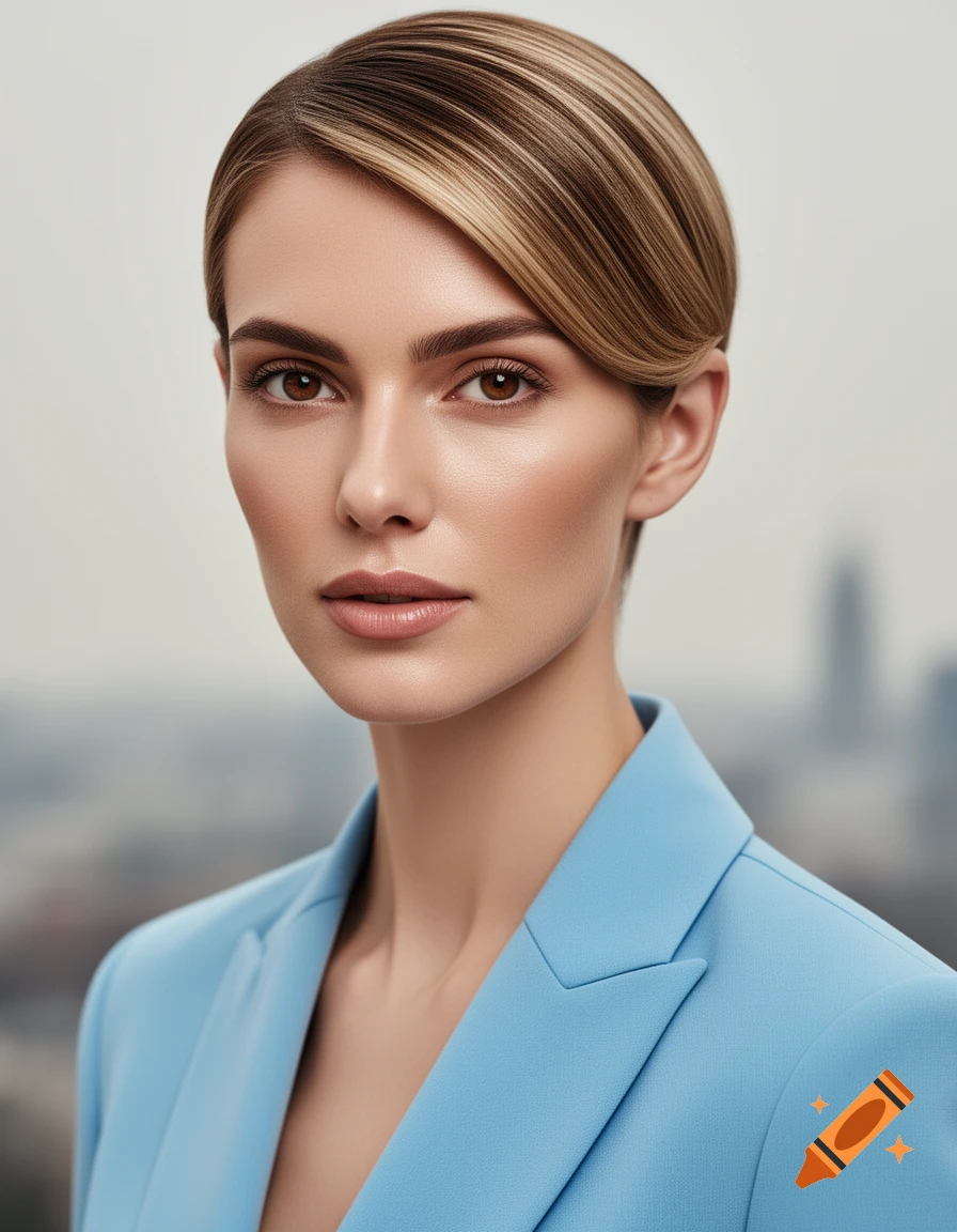 A photorealistic portrait of an elegant woman with brown eyes, sleek blonde-highlighted hair, and a light blue blazer.