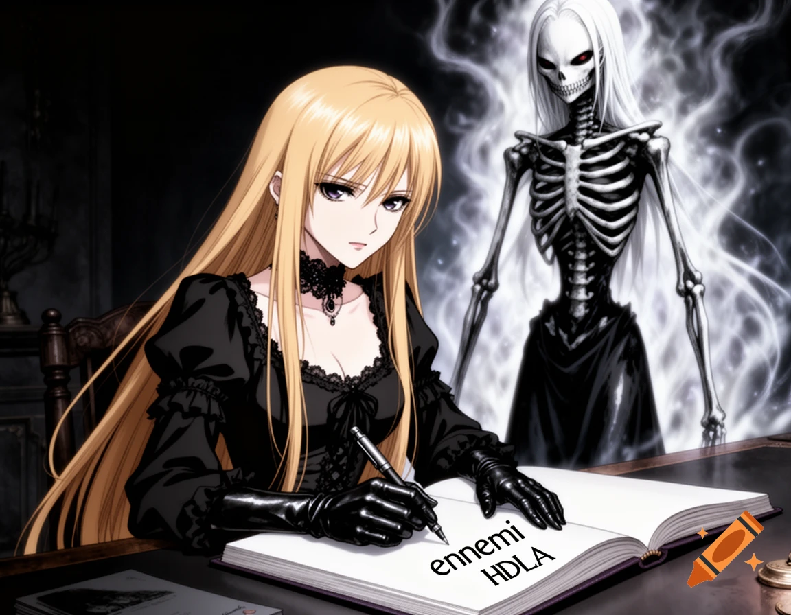 Anime girl with long blonde hair, dressed in black, writing "ennemi HDLA" in a book. A skeletal figure with white hair stands behind her in a smoky background.