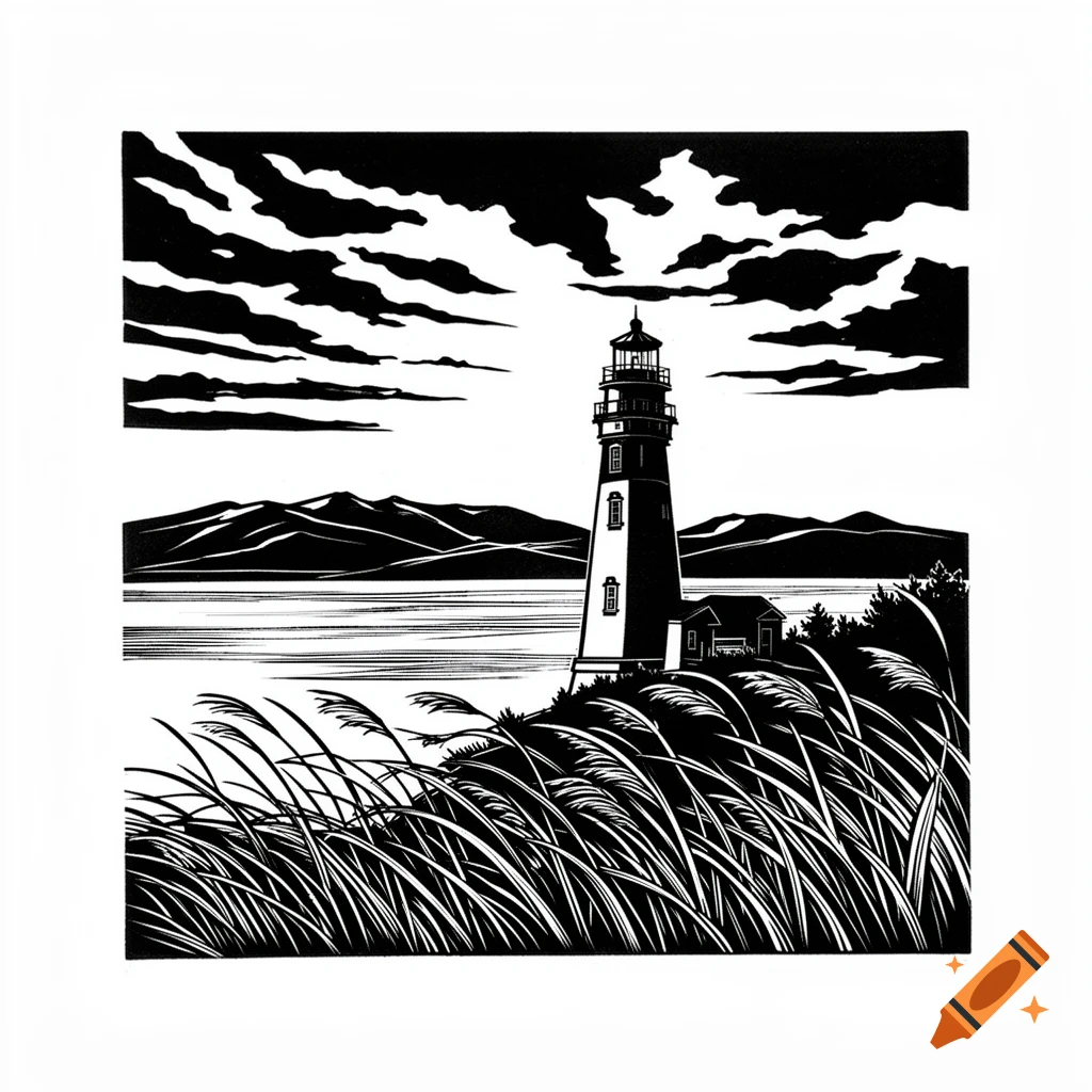 A stylized black and white linocut features a lighthouse on a grassy cliff overlooking a calm river, with mountains and dramatic clouds in the background.