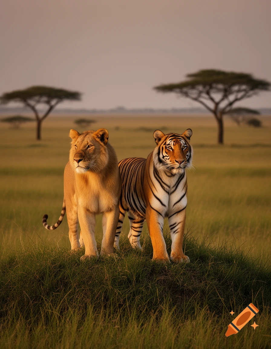 A lioness and a tiger stand side-by-side in a grassy savanna at sunset, with acacia trees in the blurred background. Photorealistic.