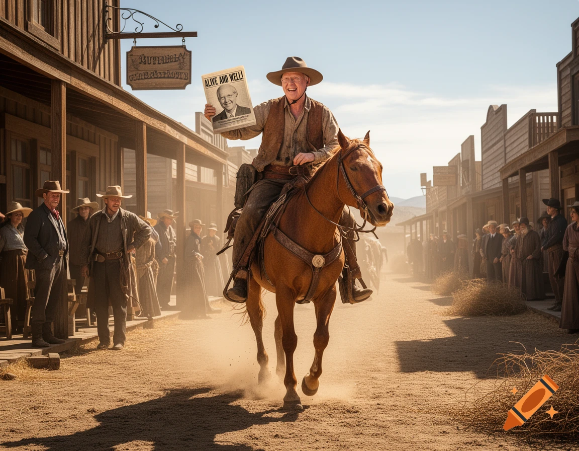 A man on horseback rides through an old western town, holding up a newspaper with the headline "ALIVE AND WELL!" Townsfolk watch from the dusty street.
