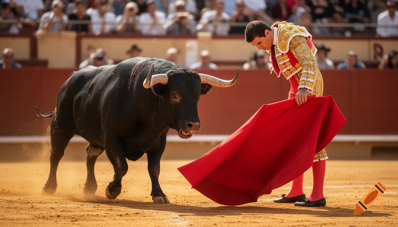 A powerful black bull charges towards a Spanish matador holding a red cape in a sun-drenched bullring. Photorealistic action shot.