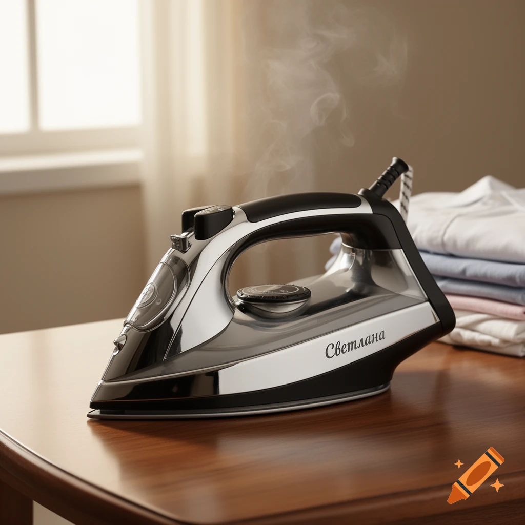 A black and silver iron, labeled 'Svetlana', steams on a wooden table with folded laundry and a window in the background.