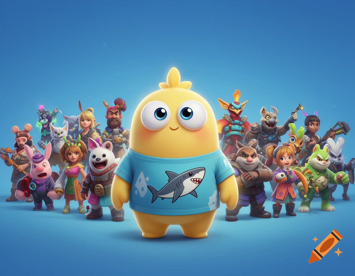 A group of colorful, diverse video game characters, including a central yellow blob-like creature wearing a shark shirt, on a blue background.