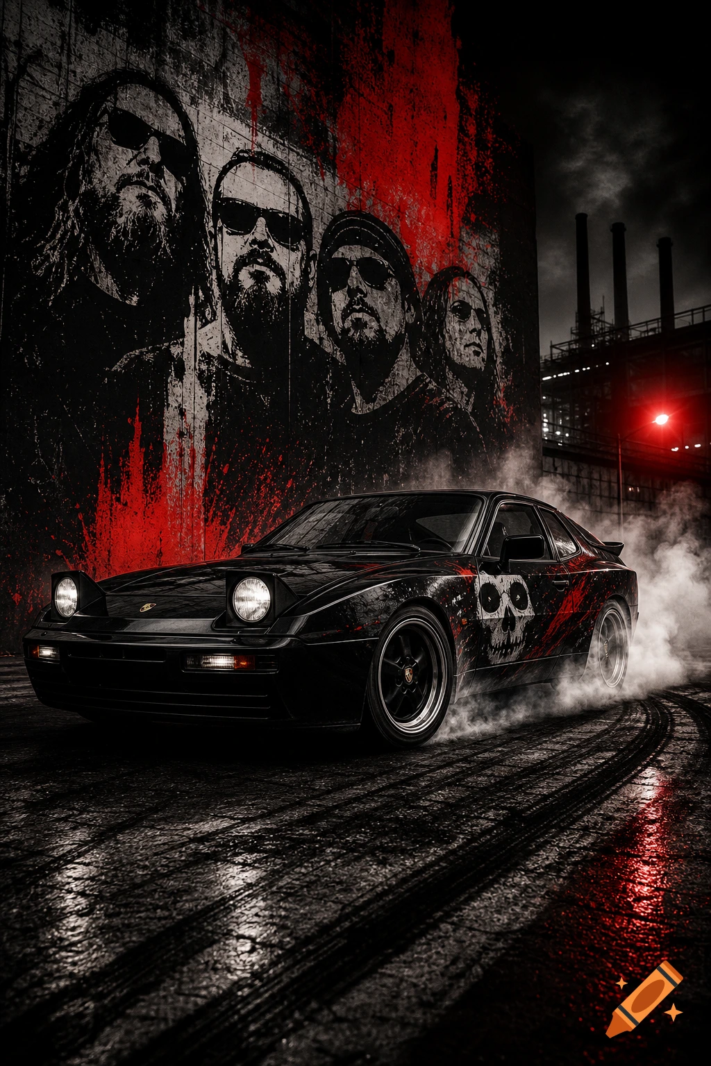 A black Porsche 944 with a skull decal drifts in smoke on wet pavement, against a grunge wall with painted faces and red splashes, under a dark sky with industrial buildings.