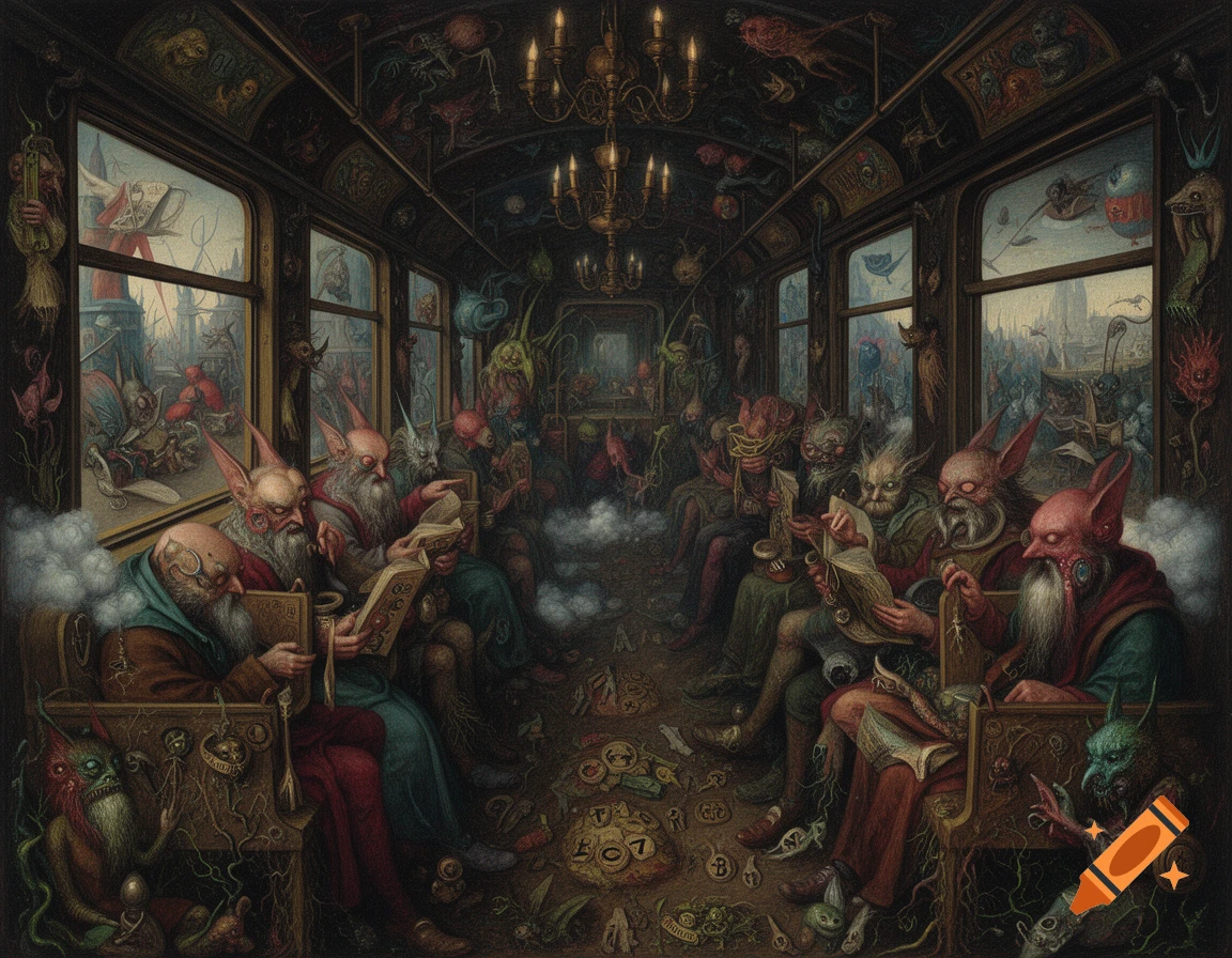A detailed, grotesque painting in the style of Hieronymus Bosch shows a crowded tram interior filled with various demonic-like creatures reading books, with more creatures visible outside the windows in a desolate landscape. Chandelier lighting illuminates the scene.