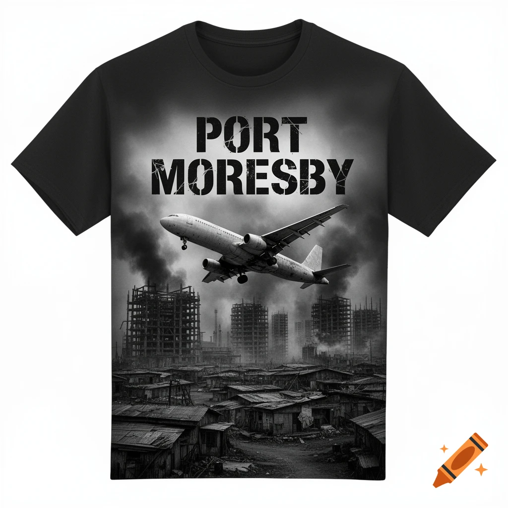 Black t-shirt with a distressed graphic: 'PORT MORESBY' above a dystopian city of shanties, ruined buildings, smoke, and a low-flying airplane.