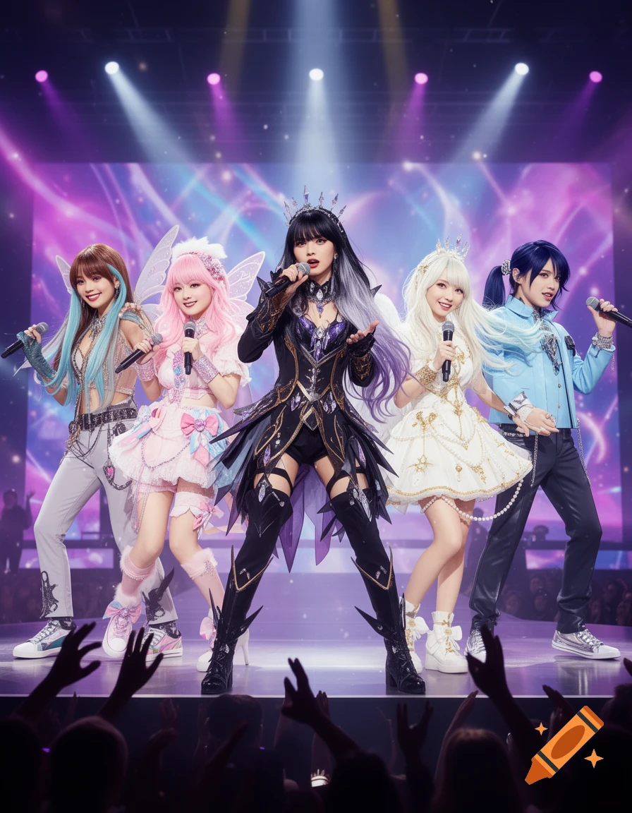 Five idol singers with elaborate, colorful fantasy costumes perform on a brightly lit stage in front of an audience.