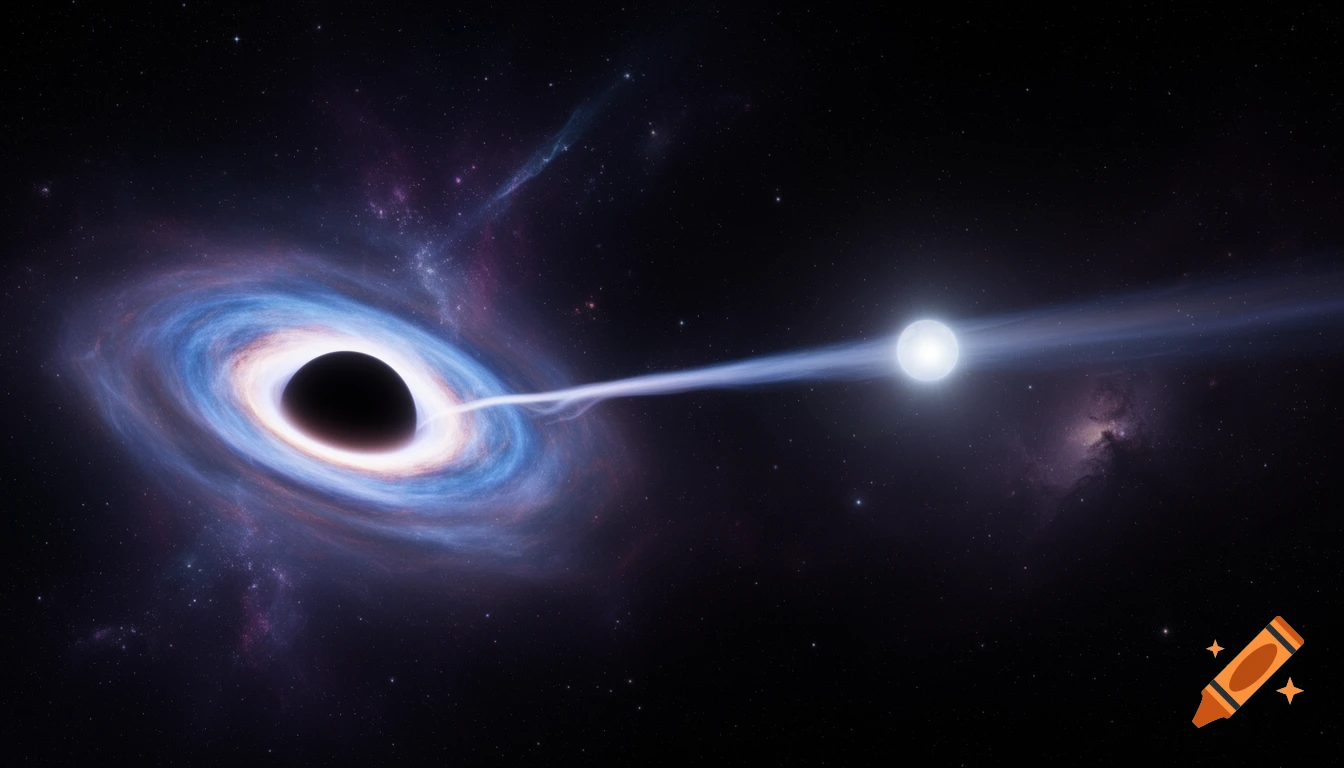 A black hole with a glowing accretion disk pulls a luminous plasma stream from a bright star, with a jet streaking across deep space.