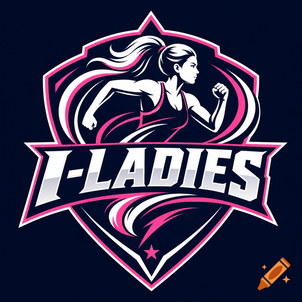 Pink and white sports logo featuring a stylized running woman with a ponytail and the text "I-LADIES" on a dark background.
